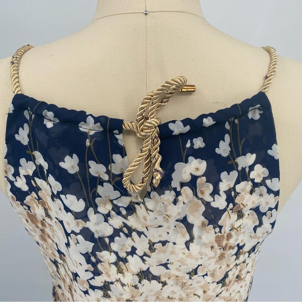 Hologram Navy Blue & Cream Floral Gold Braided Halter Maxi Dress Size Medium - Picture 6 of 10
